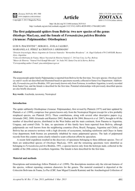 The First Palpimanid Spiders from Bolivia: Two New