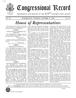 Congressional Record United States Th of America PROCEEDINGS and DEBATES of the 111 CONGRESS, FIRST SESSION