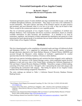 Terrestrial Gastropods of Los Angeles County Introduction Methods