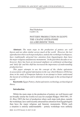 Pottery Production in Egypt: the Chaîne Opératoire As a Heuristic Tool