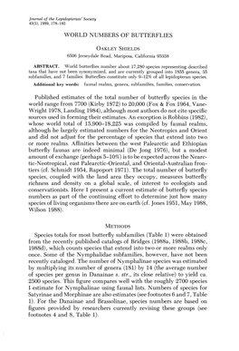 WORLD NUMBERS of BUTTERFLIES Published Estimates of the Total Number of Butterfly Species in the World Range from 7700 (Kirby 18