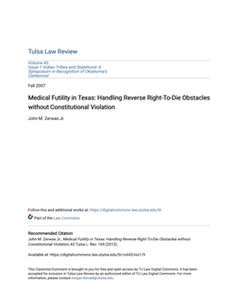Medical Futility in Texas: Handling Reverse Right-To-Die Obstacles Without Constitutional Violation
