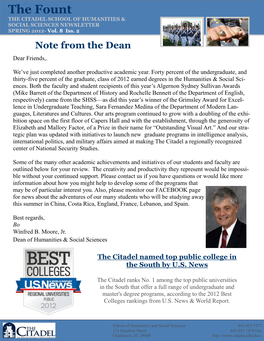 The Fount the CITADEL SCHOOL of HUMANITIES & SOCIAL SCIENCES NEWSLETTER SPRING 2012- Vol
