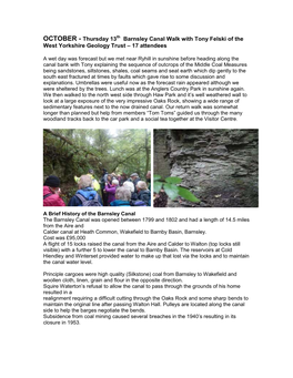 Thursday 13Th Barnsley Canal Walk with Tony Felski of the West Yorkshire Geology Trust – 17 Attendees