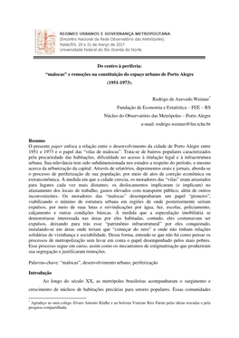 E Remoções Na Constituição Do Espaço Urbano De Porto Alegre (1951-1973)