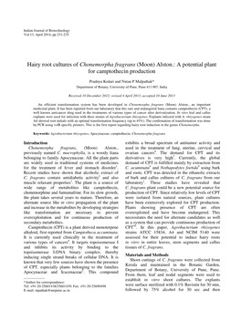 Hairy Root Cultures of Chonemorpha Fragrans (Moon) Alston.: a Potential Plant for Camptothecin Production