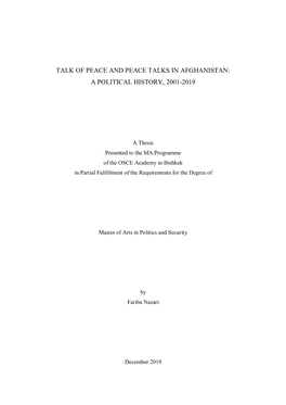 Talk of Peace and Peace Talks in Afghanistan: a Political History, 2001-2019