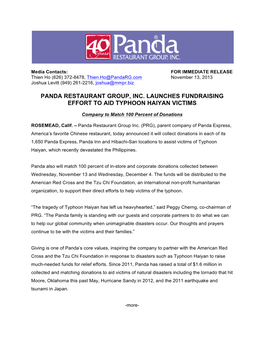 Panda Restaurant Group, Inc. Launches Fundraising Effort to Aid Typhoon Haiyan Victims