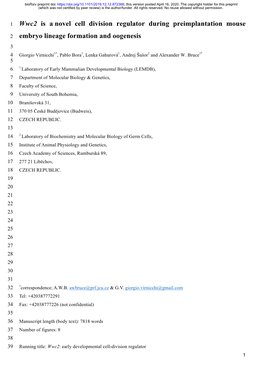 Wwc2 Is a Novel Cell Division Regulator During Preimplantation Mouse
