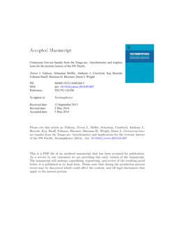 Cretaceous Fore-Arc Basalts from the Tonga Arc: Geochemistry and Implica- Tions for the Tectonic History of the SW Paciﬁc