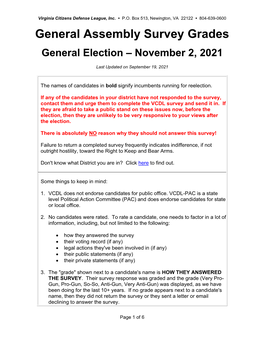 General Assembly Survey Grades General Election – November 2, 2021