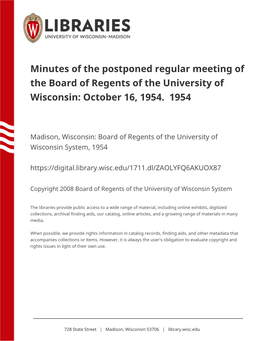 Minutes of the Postponed Regular Meeting of the Board of Regents of the University of Wisconsin: October 16, 1954