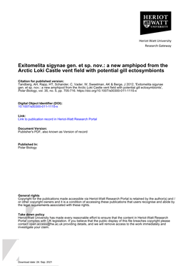 Exitomelita Sigynae Gen. Et Sp. Nov.: a New Amphipod from the Arctic Loki Castle Vent Field with Potential Gill Ectosymbionts