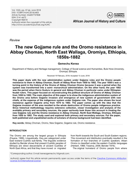 The New Gojjame Rule and the Oromo Resistance in Abbay Choman, North East Wallaga, Oromiya, Ethiopia, 1850S-1882