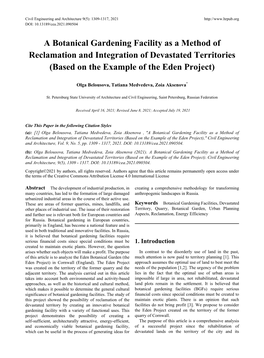 A Botanical Gardening Facility As a Method of Reclamation and Integration of Devastated Territories (Based on the Example of the Eden Project)