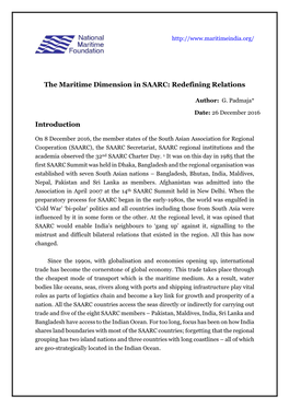 The Maritime Dimension in SAARC: Redefining Relations