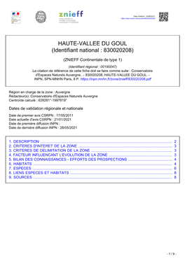 HAUTE-VALLEE DU GOUL (Identifiant National : 830020208)