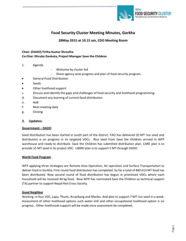 Food Security Cluster Meeting Minutes, Gorkha 28May 2015 at 10.15 Am, CDO Meeting Room