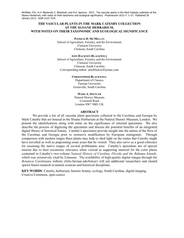 The Vascular Plants in the Mark Catesby Collection at the Sloane Herbarium, with Notes on Their Taxonomic and Ecological Significance