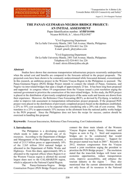 THE PANAY-GUIMARAS-NEGROS BRIDGE PROJECT: an INITIAL ASSESSMENT Paper Identification Number: AYRF14-046 Nicanor ROXAS, Jr.1, Alexis FILLONE2