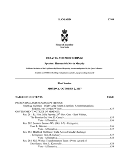 HANSARD 17-09 DEBATES and PROCEEDINGS Speaker