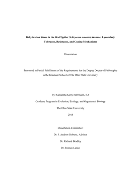Dehydration Stress in the Wolf Spider Schizocosa Ocreata (Araneae: Lycosidae): Tolerance, Resistance, and Coping Mechanisms