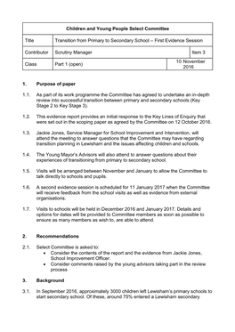 Children and Young People Select Committee Title Transition from Primary to Secondary School – First Evidence Session Contribu