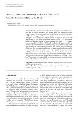 Breeding Birds of Shelterbelts Near Sombor (NW Serbia) Gnezdilke Drevoredov Pri Somboru (SZ Srbija)