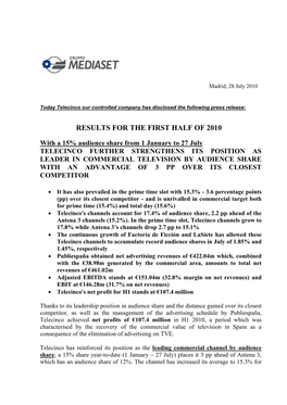 Results for the First Half of 2010