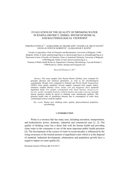 Evaluation of the Quality of Drinking Water in Rasina District, Serbia: Physicochemical and Bacteriological Viewpoint