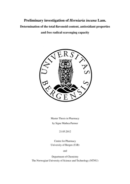 Preliminary Investigation of Herniaria Incana Lam. Determination of the Total ﬂavonoid Content, Antioxidant Properties and Free Radical Scavenging Capacity