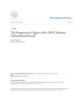 The Progressivist Origins of the 2003 California Gubernatorial Recall, 35 Mcgeorge L