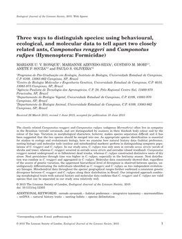 Using Behavioural, Ecological, and Molecular Data to Tell Apart Two Closely Related Ants, Camponotus Renggeri and Camponotus Ruﬁpes (Hymenoptera: Formicidae)