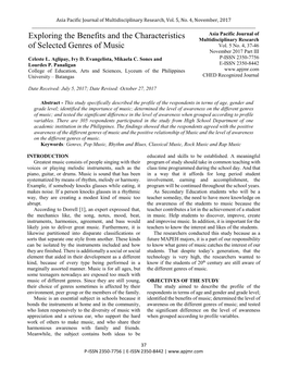 Exploring the Benefits and the Characteristics of Selected Genres of Music ______METHODS Frequency Distribution, Weighted Mean and Analysis of Design Variance (ANOVA)