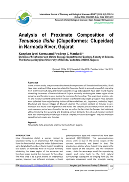 Analysis of Proximate Composition of Tenualosa Ilisha (Clupeiformes: Clupeidae) in Narmada River, Gujarat