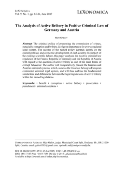The Analysis of Active Bribery in Positive Criminal Law of Germany and Austria