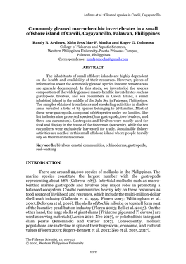 Commonly Gleaned Macro-Benthic Invertebrates in a Small Offshore Island of Cawili, Cagayancillo, Palawan, Philippines