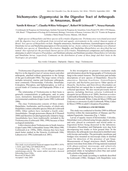 (Zygomycota) in the Digestive Tract of Arthropods in Amazonas, Brazil Yamile B Alencar/+, Claudia M Ríos-Velásquez*, Robert W Lichtwardt**, Neusa Hamada