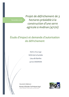 Projet De Défrichement De 3 Hectares Préalable À La Construction D'une Serre Agricole À Andiran