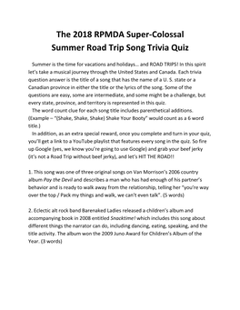 The 2018 RPMDA Super-Colossal Summer Road Trip Song Trivia Quiz