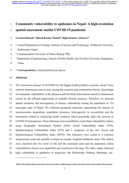 Community Vulnerability to Epidemics in Nepal: a High-Resolution Spatial Assessment Amidst COVID-19 Pandemic