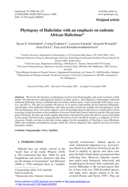Phylogeny of Halictidae with an Emphasis on Endemic African Halictinae*