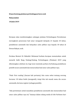 K'jaan Bentang Pindaan Perlembagaan Baru Esok Malaysiakini 10 Julai 2019 Kerajaan Akan Membentangkan Cadangan Pindaan Perlemba