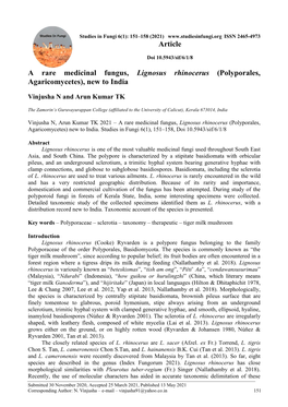 A Rare Medicinal Fungus, Lignosus Rhinocerus (Polyporales, Agaricomycetes), New to India