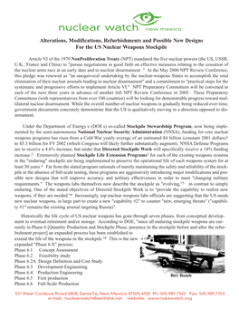 Nuclear Watch New Mexico Alterations, Modifications, Refurbishments and Possible New Designs for the US Nuclear Weapons Stockpile