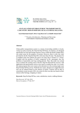 An Evaluation of Urban Public Transport Route. Case Study: Hop-On Hop-Off, Kuala Lumpur, Malaysia