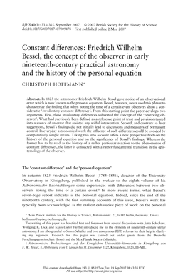 Constant Differences: Friedrich Wilhelm Bessel, the Concept of the Observer in Early Nineteenth-Century Practical Astronomy and the History of the Personal Equation
