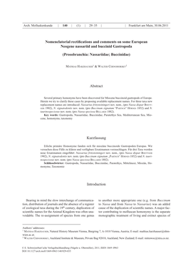 Nomenclatorial Rectifications and Comments on Some European Neogene Nassariid and Buccinid Gastropoda