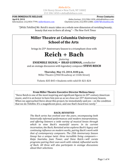 Reich + Bach Featuring ENSEMBLE SIGNAL  BRAD LUBMAN, Conductor and an Onstage Discussion with Legendary Composer STEVE REICH