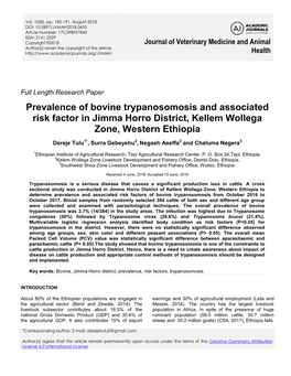 Prevalence of Bovine Trypanosomosis and Associated Risk Factor in Jimma Horro District, Kellem Wollega Zone, Western Ethiopia